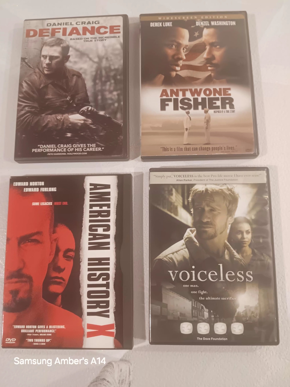 Set of 4 Drama DVDs — Defiance, Antwone Fisher, American History X, Voiceless